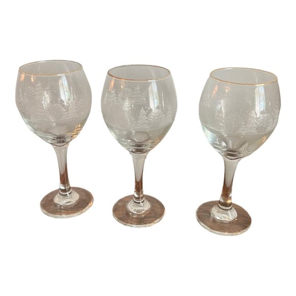 3 Hand Blown Glass Clear Goblet Wine Glasses Etched Winter Scene Snow Trees 7.5" - Picture 2 of 7